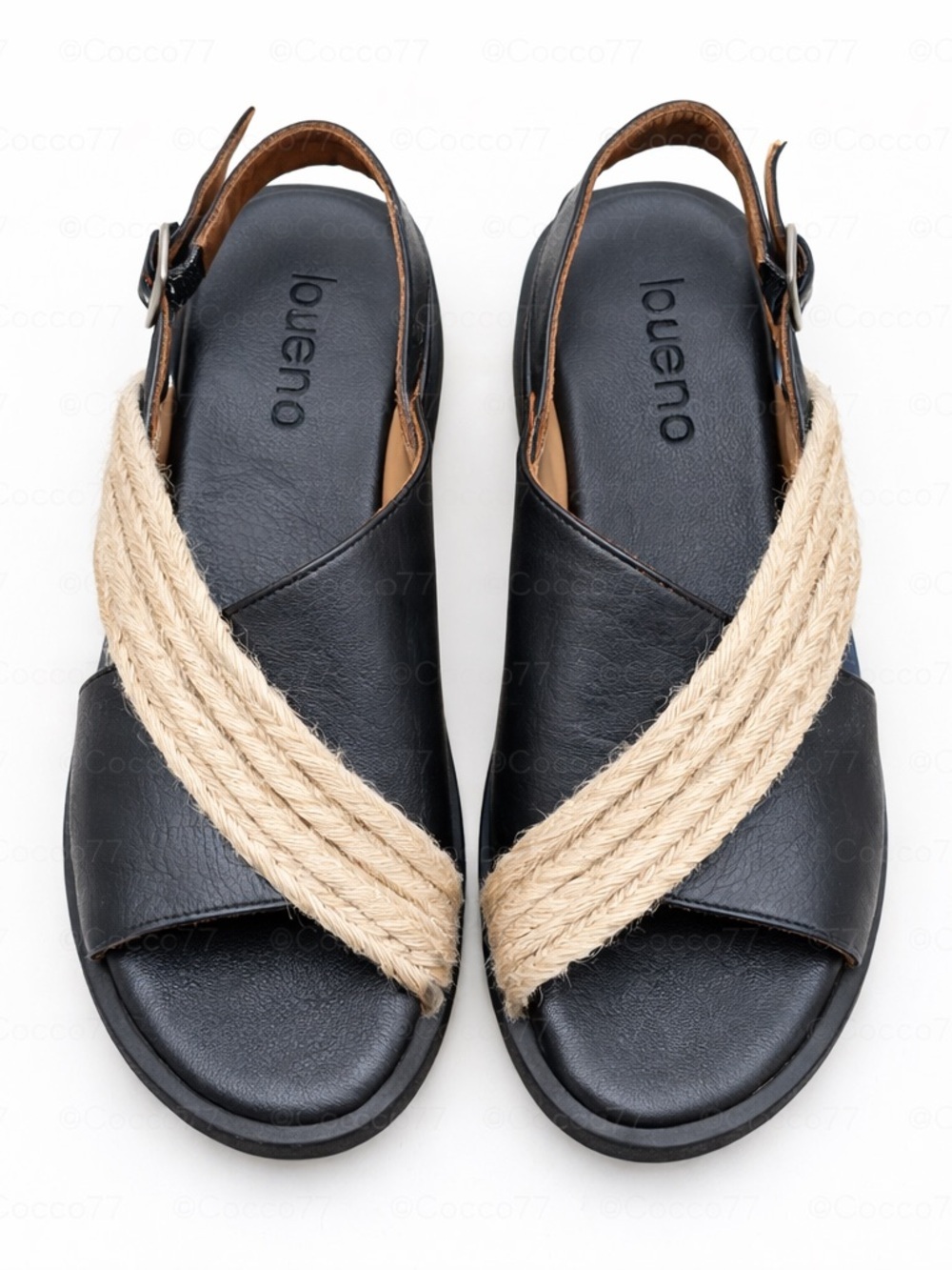 Bueno Black Leather Slingback Sandals Rope Strap Boho Comfort Flat Size 41 / 10